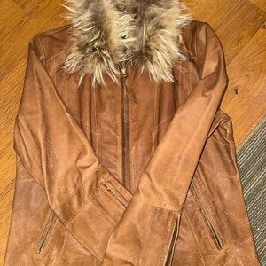 a.n.a Brown Leather Jacket with Faux Fur Trim